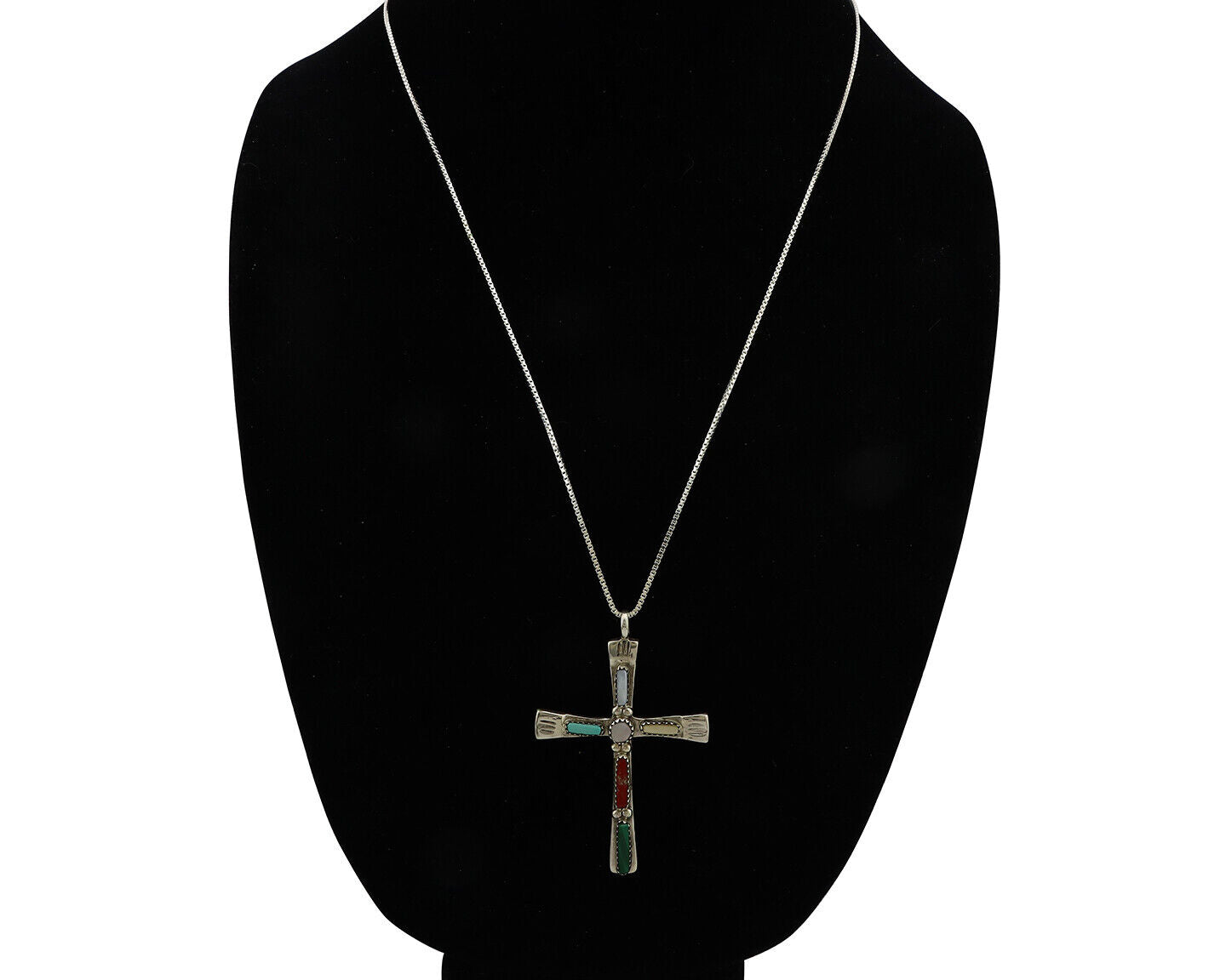 Zuni Handmade Cross Necklace 925 Silver Natural Gemstone Signed C. IULE C.80's