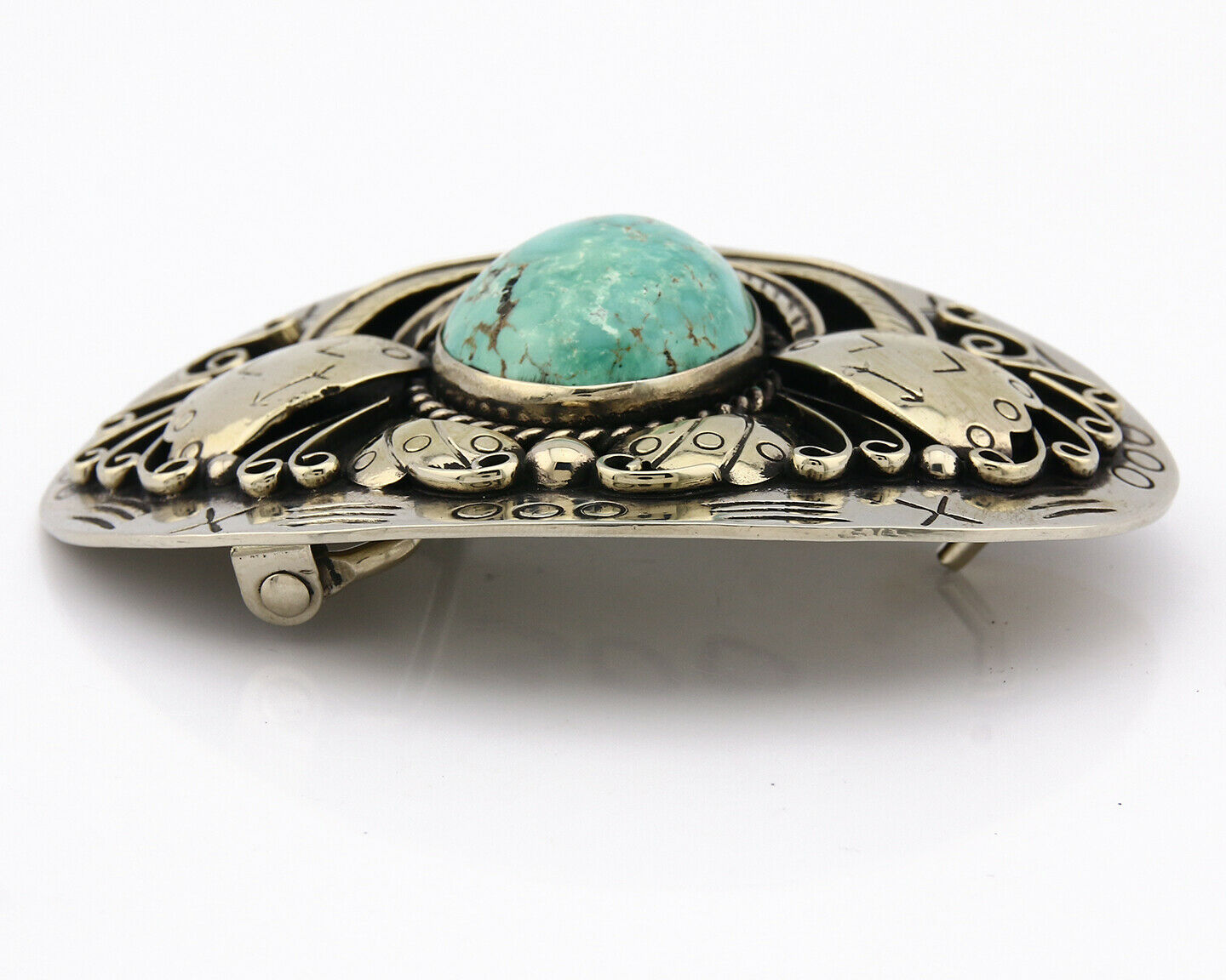Navajo Belt Buckle .999 Nickle Silver Morenci Turquoise Native Artist C.80's