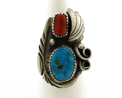 Navajo Ring 925 Silver Turquoise & Coral Artist Signed Native American C.80s