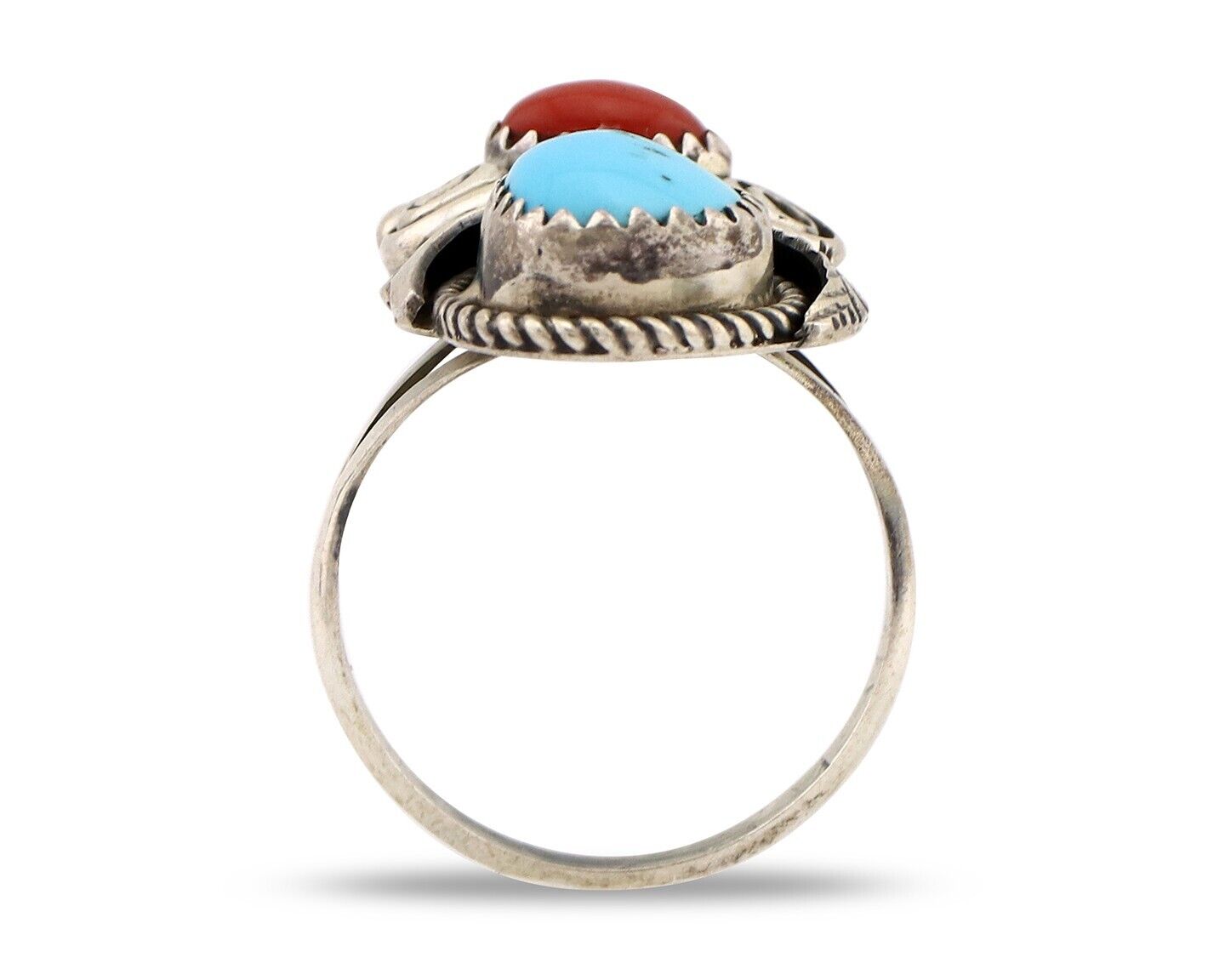 Navajo Ring 925 Silver Blue Turquiose & Coral Artist Signed Justin Morris C.80's