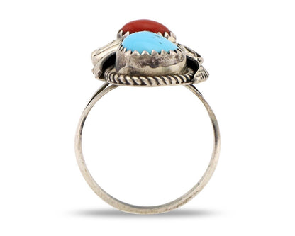 Navajo Ring 925 Silver Blue Turquiose & Coral Artist Signed Justin Morris C.80's