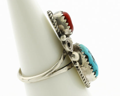 Navajo Ring .925 Silver Turquoise & Coral Artist Signed J Morris C.80's