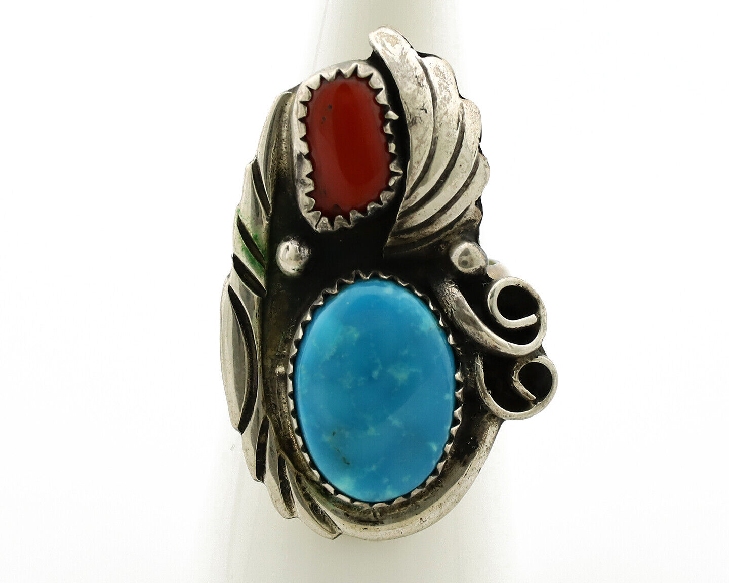 Navajo Ring 925 Silver Turquoise & Coral Artist Signed Native American C.80s