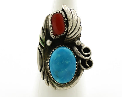 Navajo Ring 925 Silver Turquoise & Coral Artist Signed Native American C.80s