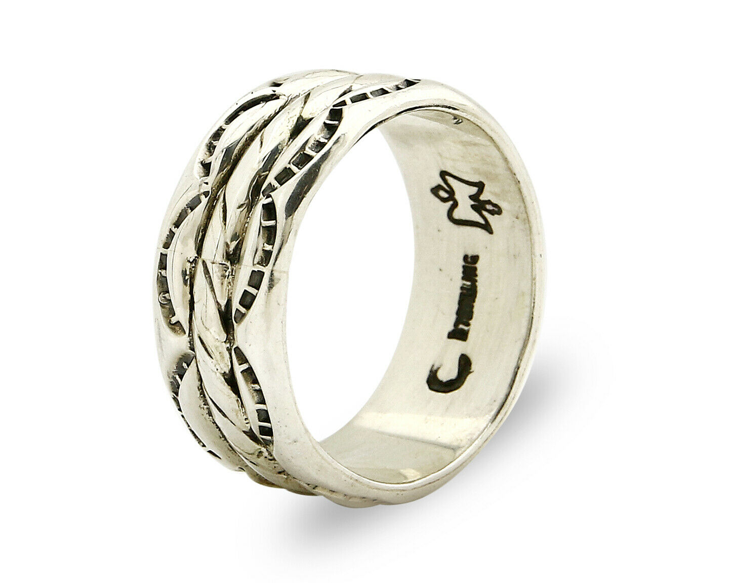 Navajo Ring .925 Silver Handmade Hand Stamped 3 Row Rope Band C.1980's Size 10