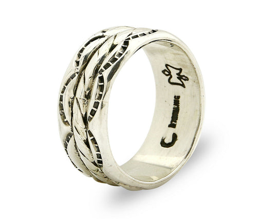 Navajo Ring .925 Silver Handmade Hand Stamped 3 Row Rope Band C.1980's Size 10