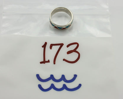 Navajo Chip Inlay Ring 925 Silver Sleeping Beauty Turquoise & Coral Silver Cloud