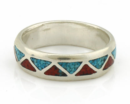 Navajo Ring 925 Silver Natural Turquoise & Coral Native American Artist C.80's
