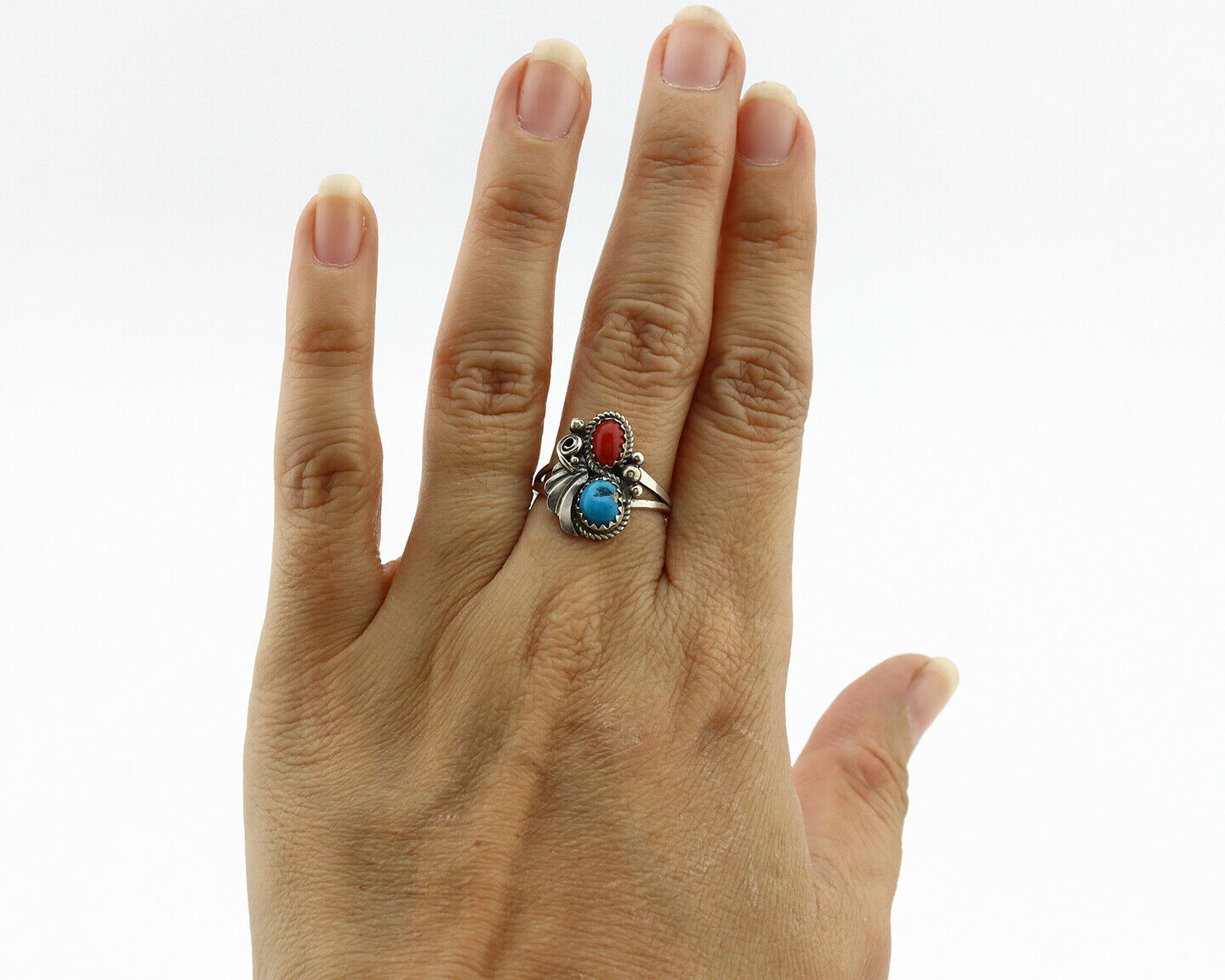 Navajo Ring .925 Silver Morenci Turquoise & Coral Native Artist Signed JM C.80's
