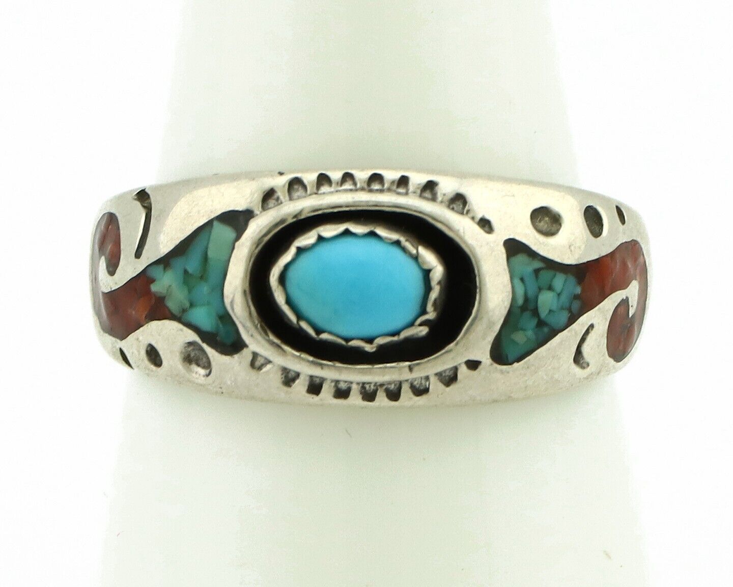 Navajo Handmade Ring 925 Silver Blue Turquoise & Coral Native American C.80's