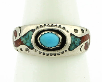 Navajo Handmade Ring 925 Silver Blue Turquoise & Coral Native American C.80's