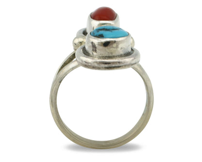Navajo Ring .925 Silver Red Coral & Blue Turquoise Native Artist C.80's