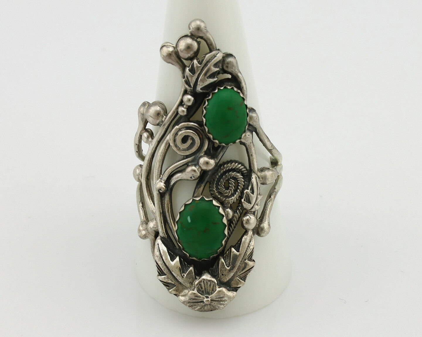 Navajo Ring .925 Silver Green Turquoise Signed Prairie Fire C.80's