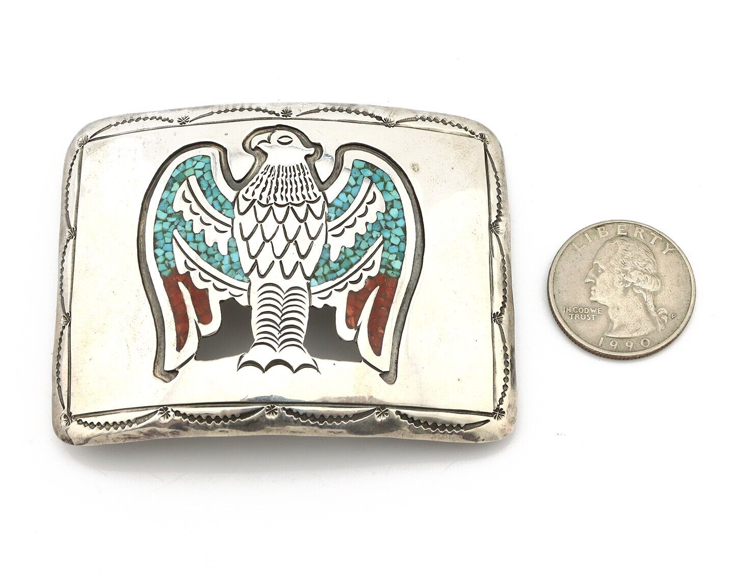 Navajo Belt Buckle 925 Silver Handmade Chip Inlay Artist Signed J. Nezzie C.80s
