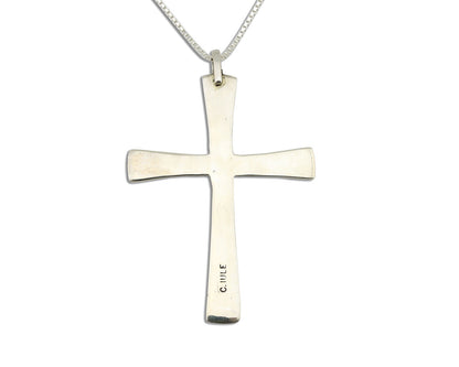 Zuni Handmade Cross Necklace 925 Silver Natural Gemstone Signed C. IULE C.80's