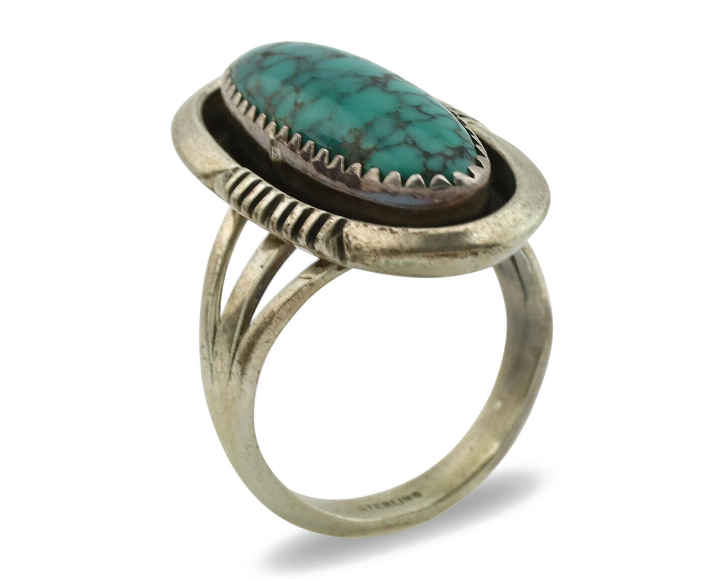 Navajo Ring .925 Silver Spiderweb Turquoise Native American Artist C.1980's