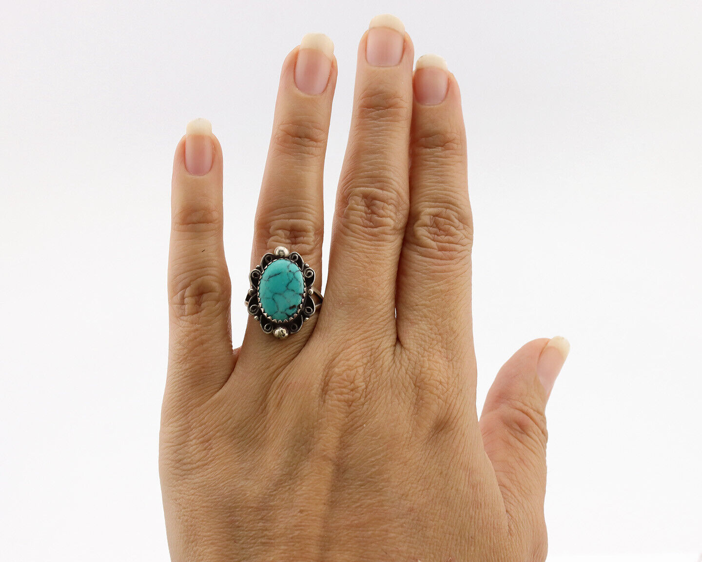Navajo Ring .925 Silver Spiderweb Turquoise Artist Signed TALHAT C.80's