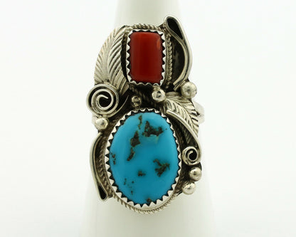 Navajo Ring .925 Silver Turquoise & Coral Artist Signed Justin Morris C.1980's