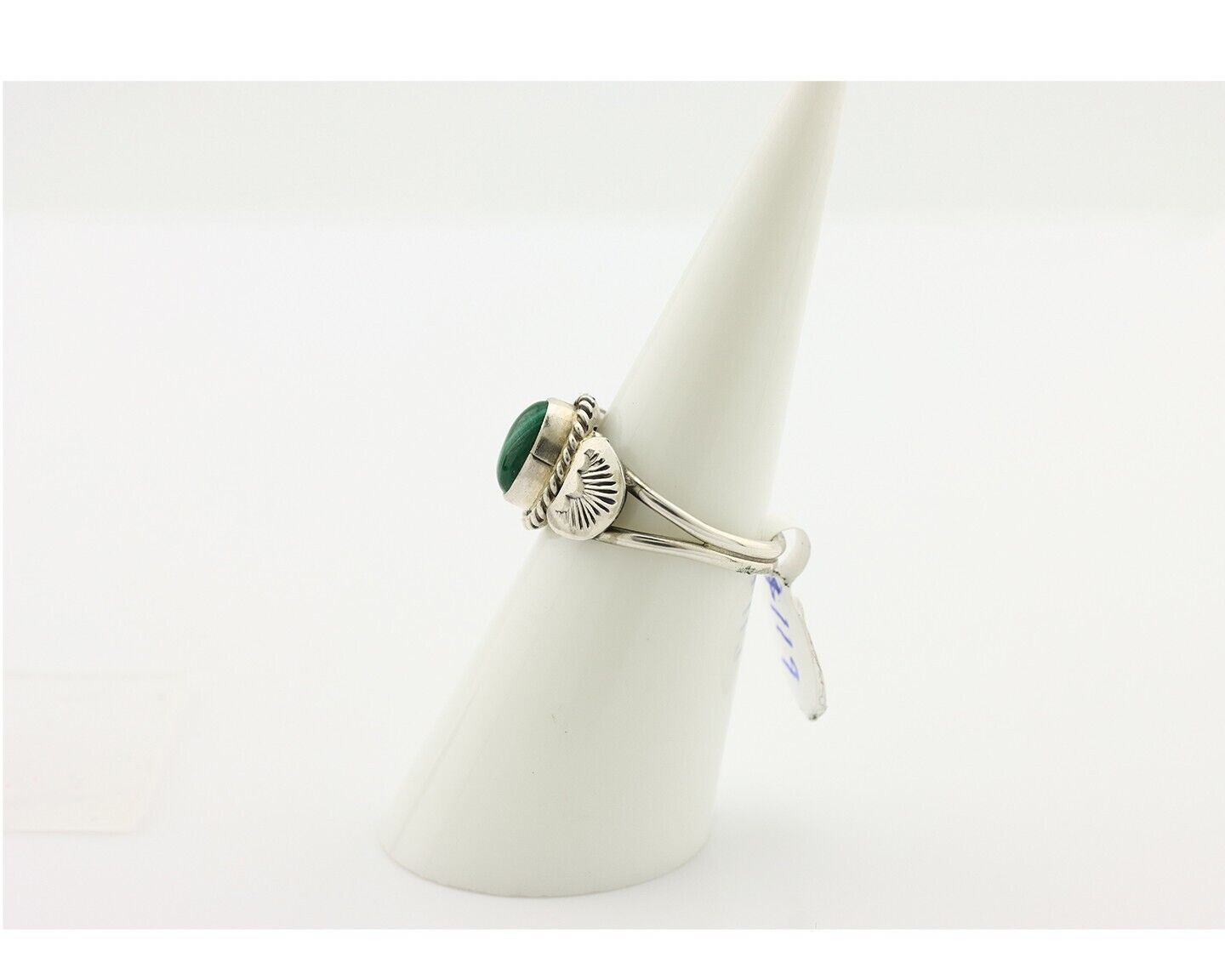 Navajo Ring .925 Silver Malachite Hand Stamped Native American Artist C.80's