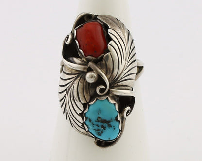 Navajo Handmade Ring 925 Silver Turquiose & Coral Artist Signed E C.80's