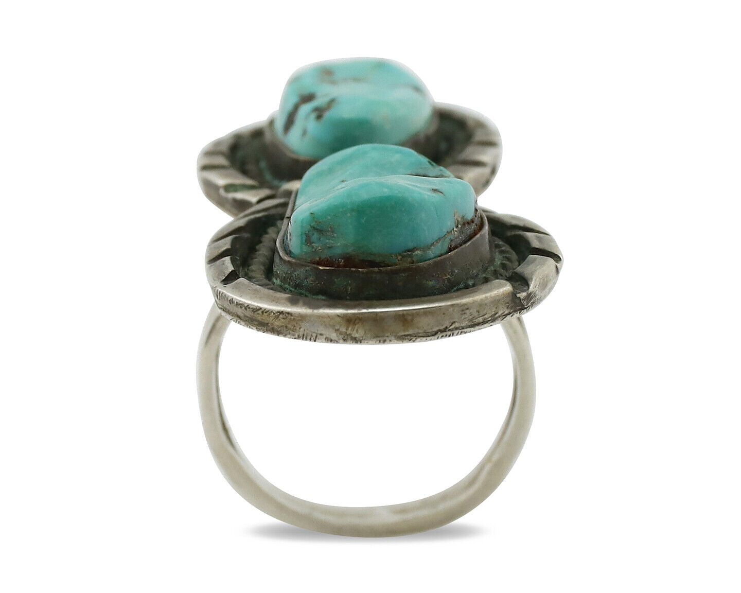Navajo Ring .925 Silver Globe Turquoise Hand Stamped Native American Artist C80s