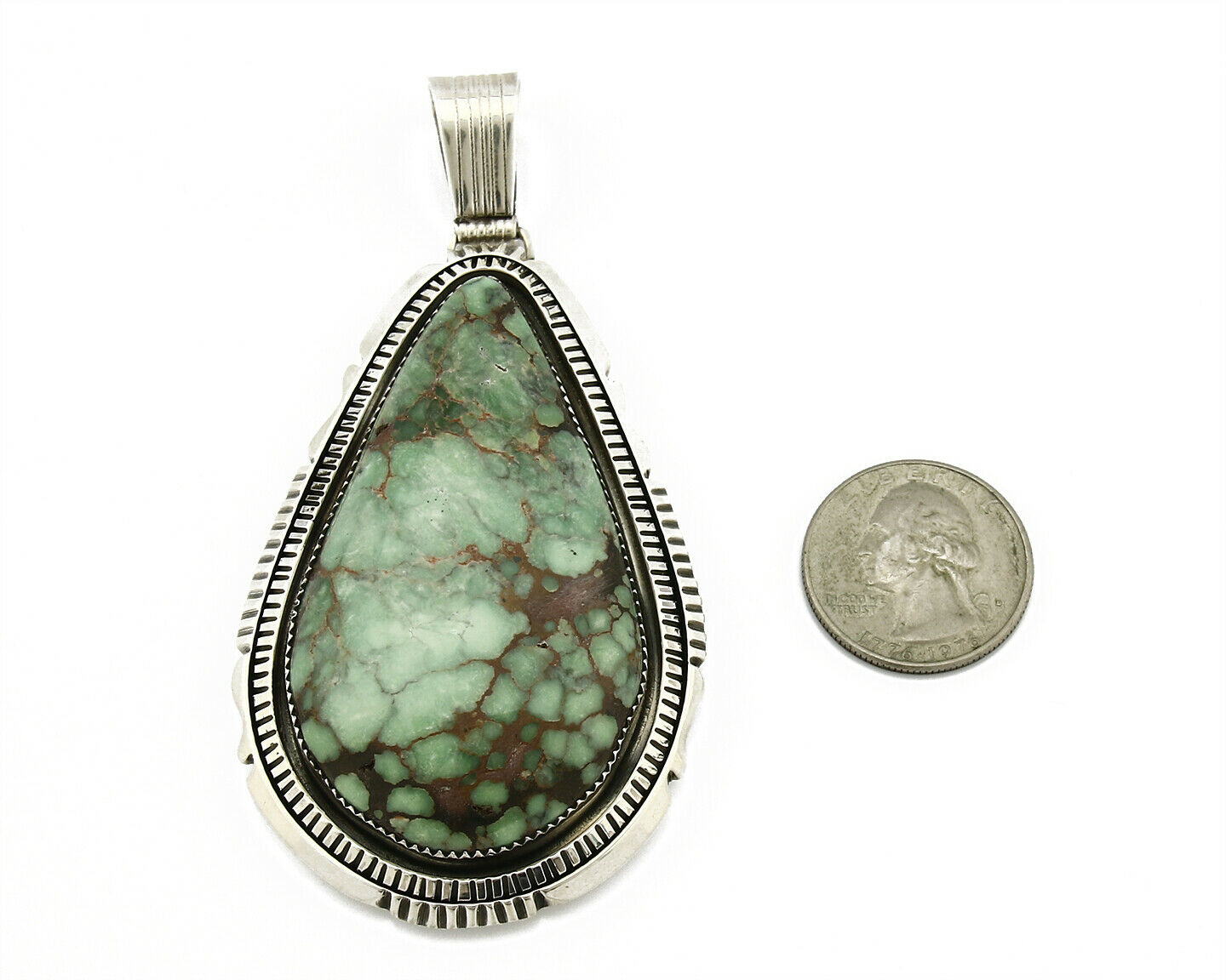C. 1990 Rare Large Variscite Navajo Signed Begay .925 Silver Stamped Pendant