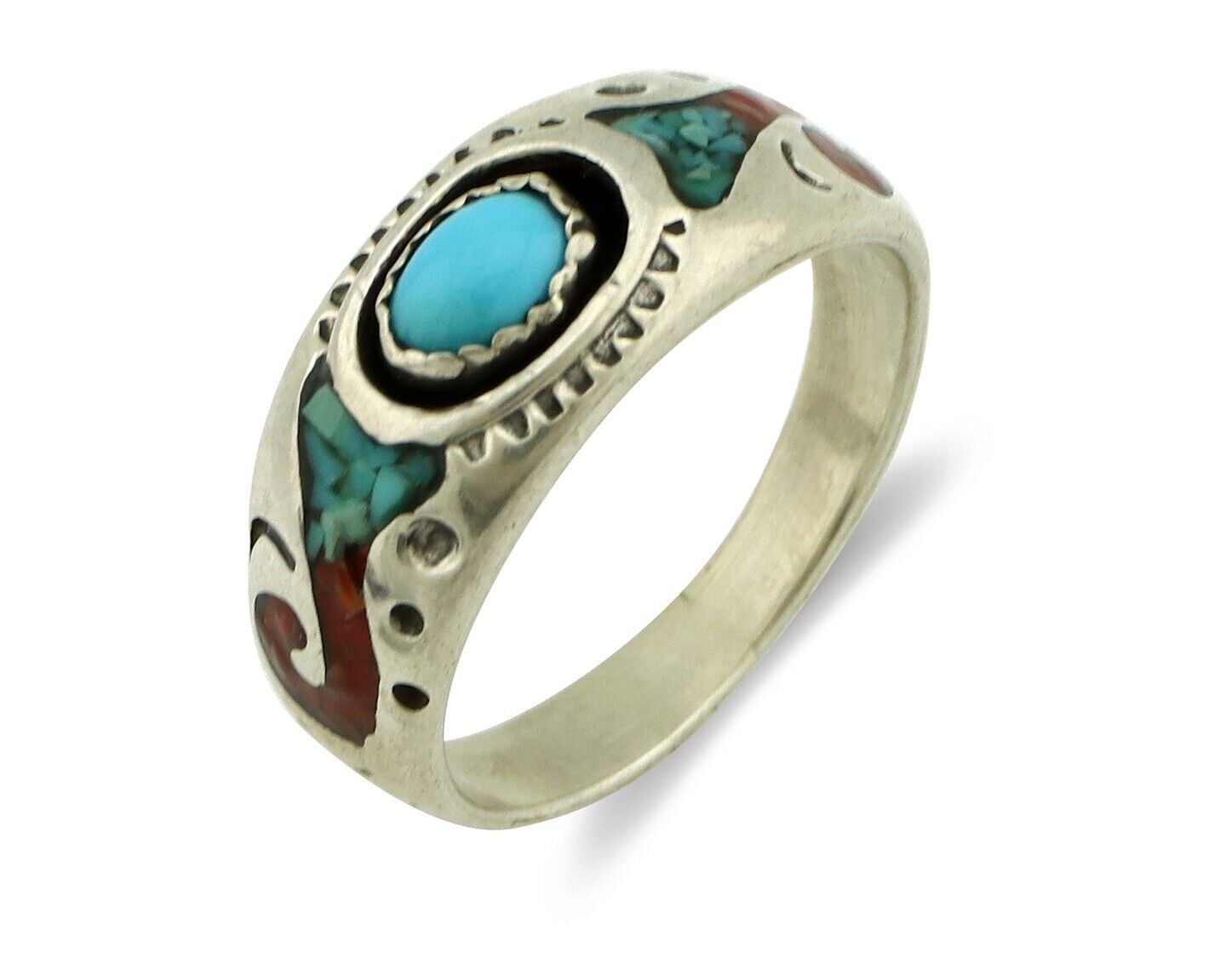 Navajo Handmade Ring 925 Silver Blue Turquoise & Coral Native American C.80's