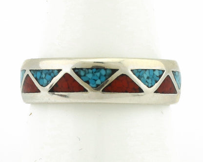 Navajo Ring 925 Silver Natural Turquoise & Coral Native American Artist C.80's