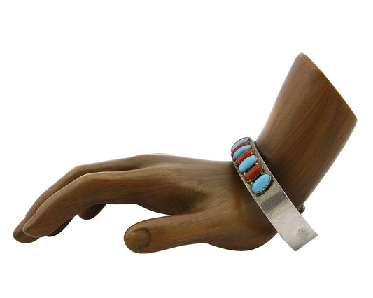 Navajo Bracelet .925 Silver Turquoise Coral Cuff Signed Daniel Mike