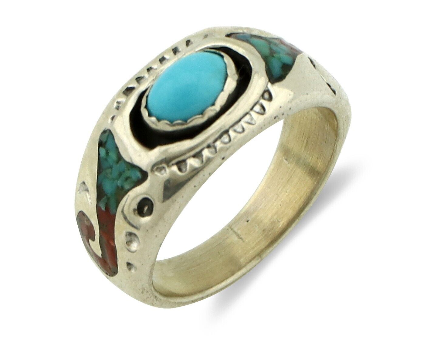 Navajo Handmade Ring 925 Silver Blue Turquoise & Coral Native American C.80's