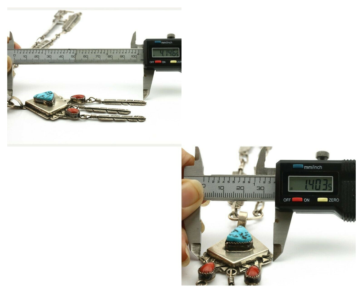Navajo Necklace .925 Silver Red Coral & Turquoise Signed G C.1977
