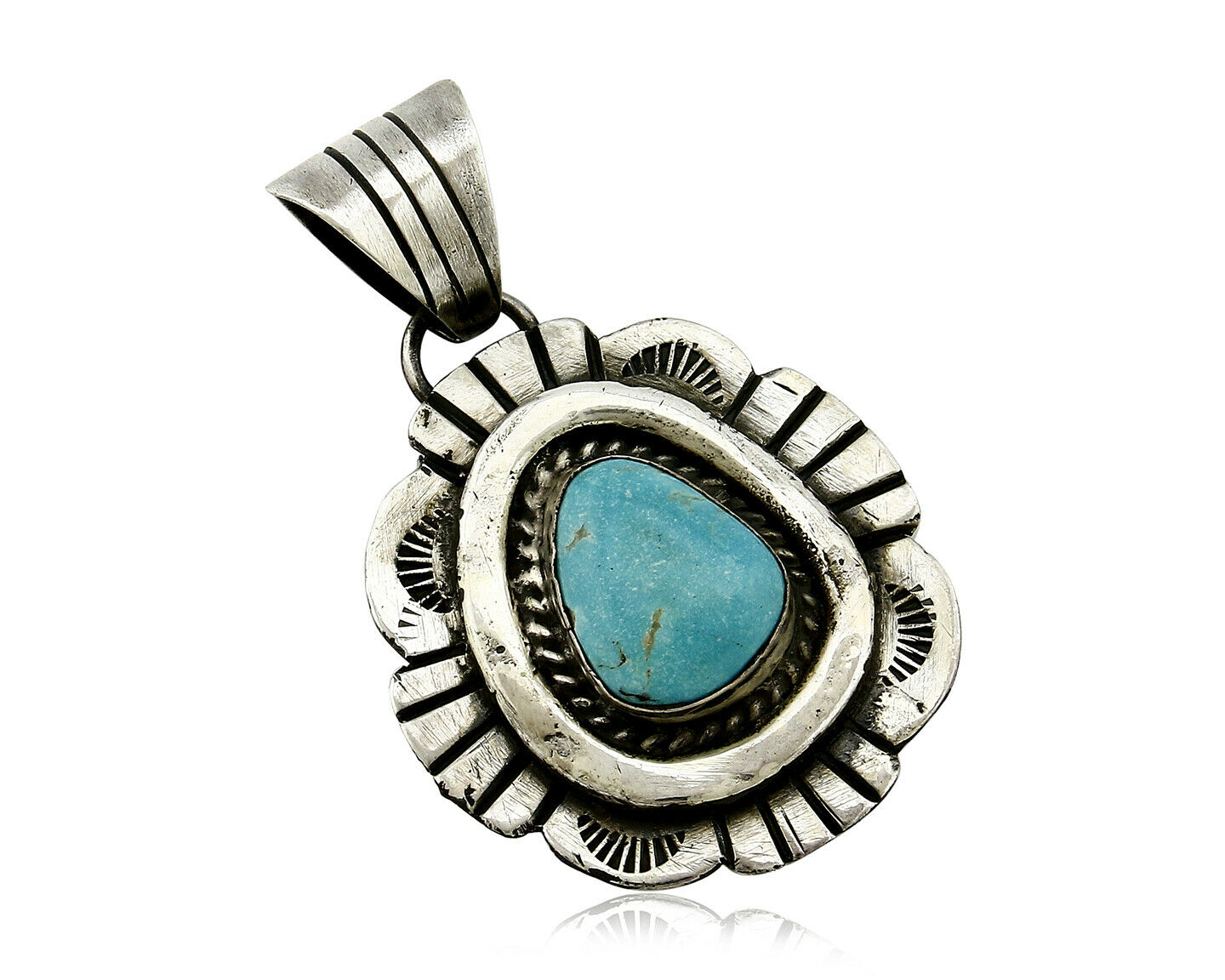 Navajo Pendant .925 Silver Kingman Turquoise Signed Artist FT C.80's