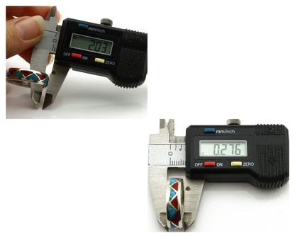 Navajo Chip Inlay Ring 925 Silver Sleeping Beauty Turquoise & Coral Silver Cloud