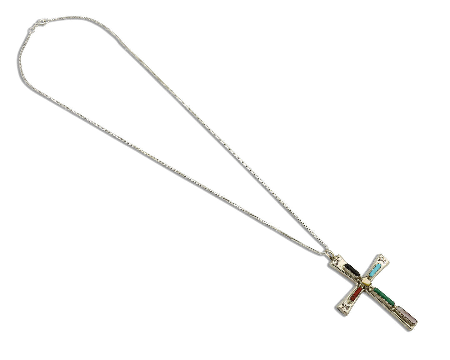 Zuni Handmade Cross Necklace 925 Silver Natural Gemstone Signed L. IULE C.80's