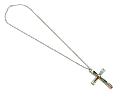Zuni Handmade Cross Necklace 925 Silver Natural Gemstone Signed L. IULE C.80's