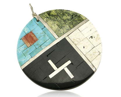 C. 1980's Santa Domingo Natural Gemstone Inlaid Handmade .925 Silver Pendant