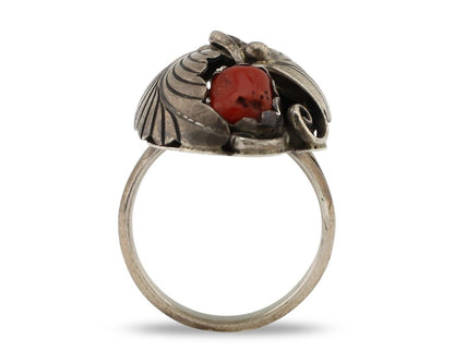 Navajo Handmade Ring 925 Silver Turquiose & Coral Artist Signed E C.80's