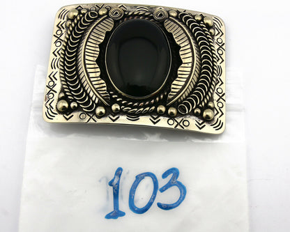 Navajo Handmade Belt Buckle .999 Nickle Silver Onyx Artist Signed Tipi C.80's