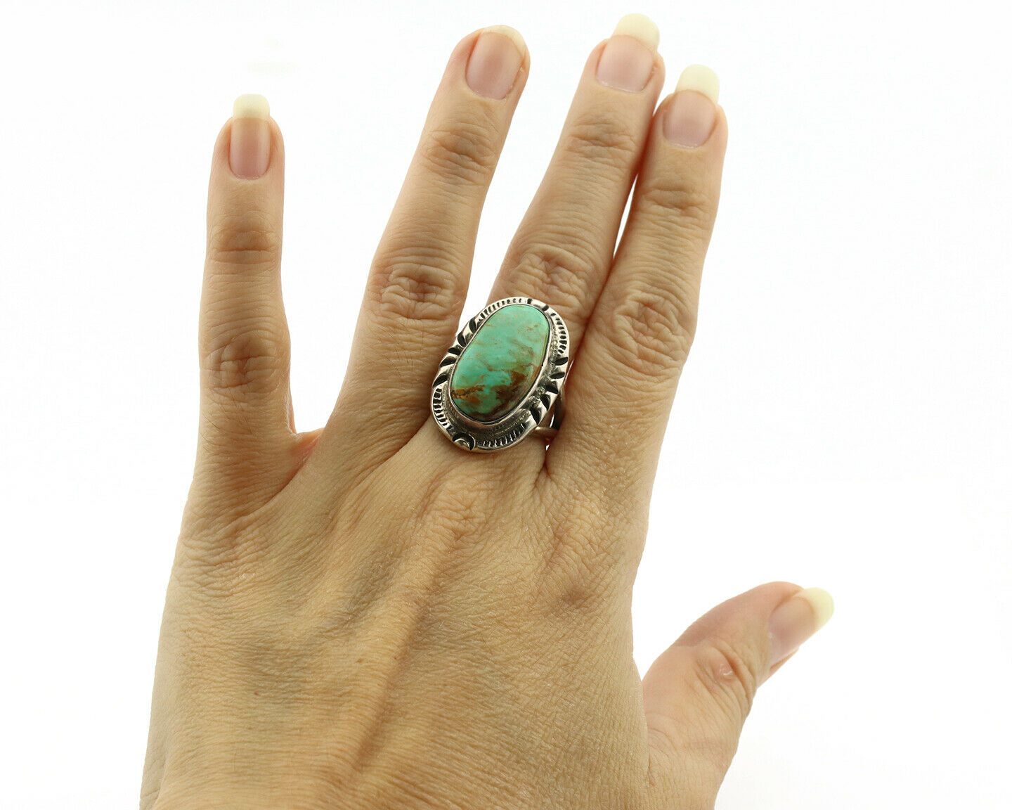Navajo Ring .925 Silver Kingman Turquoise Artist Signed Gecko C.1980's