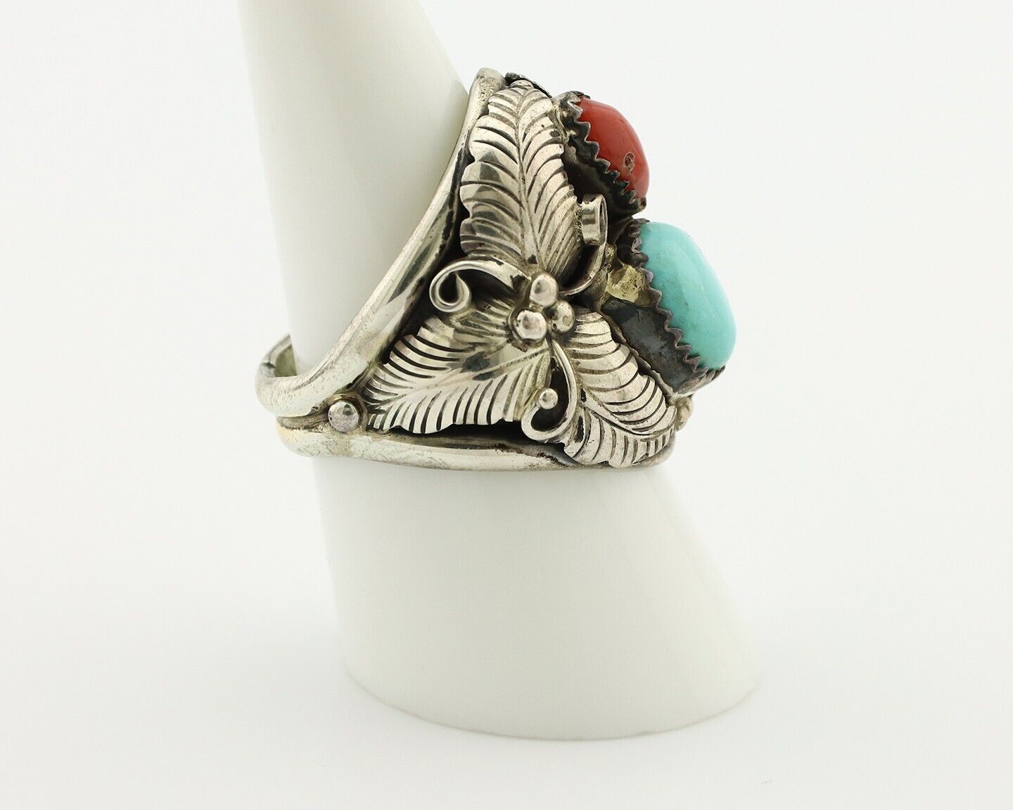 Navajo Ring 925 Silver Blue Turquiose & Mediterranean Coral Native Artist C.80's