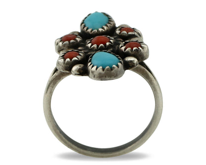 Navajo Ring 925 Silver Turquoise & Coral Handmade Native American Artist C.1980s