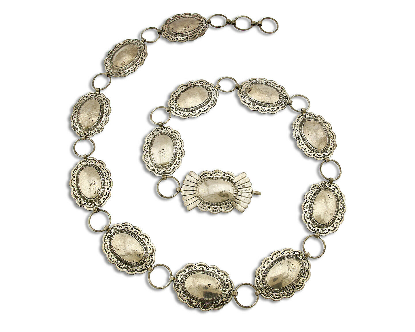 C.1980's Navajo Signed Marcella James .925 Silver Hand Stamped Concho Belt