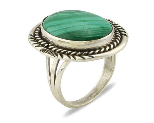Navajo Ring 925 Silver Natural Green Malachite Signed William Denetdale C.80's