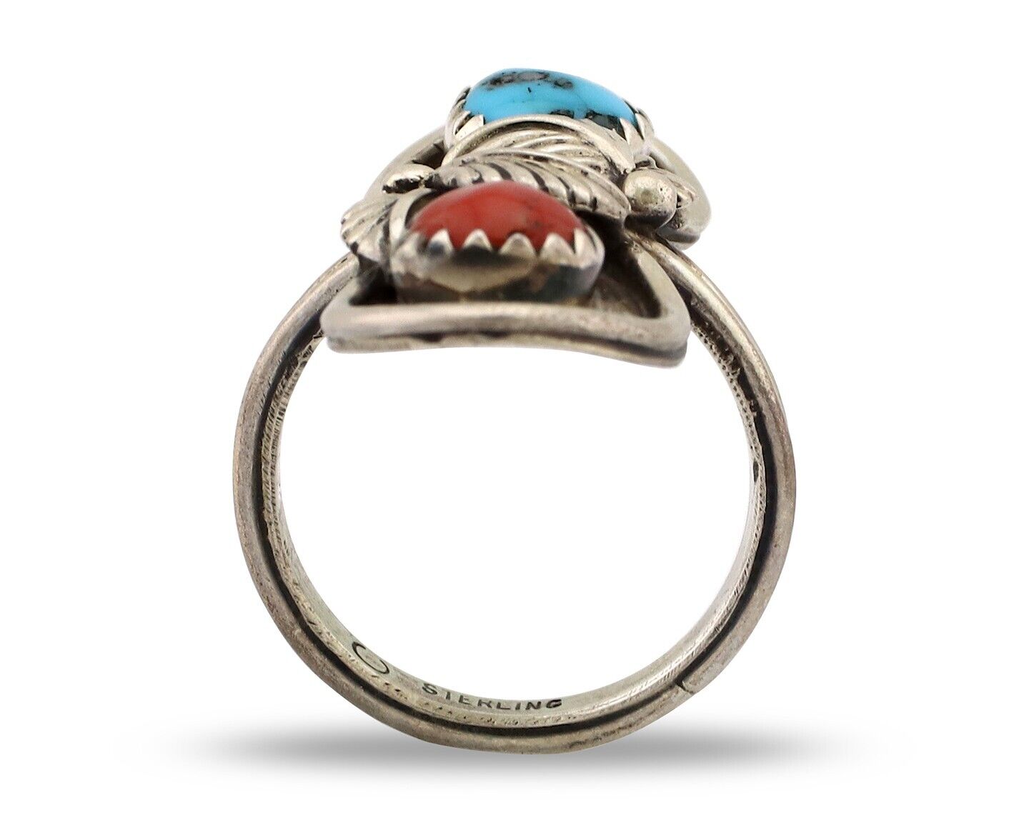 Navajo Ring 925 Silver Blue Turquiose & Mediterranean Coral Native Artist C.80's