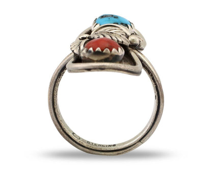Navajo Ring 925 Silver Blue Turquiose & Mediterranean Coral Native Artist C.80's
