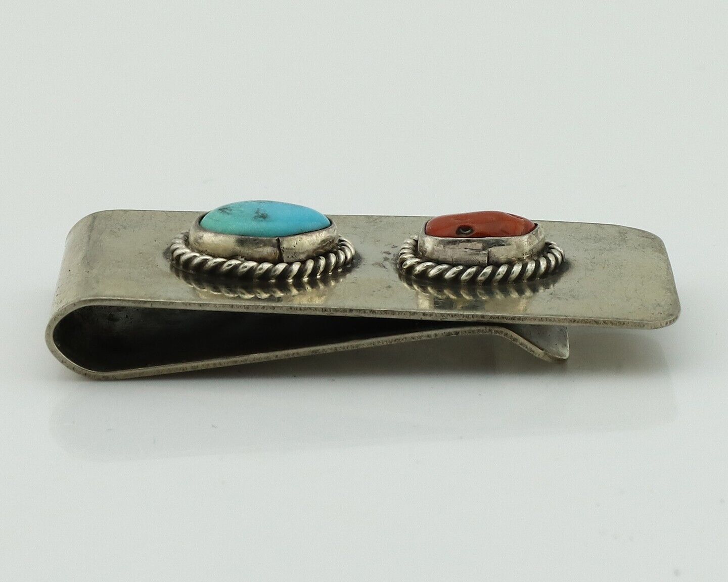 Navajo Money Clip 925 Silver & 999 Nickel Natural Turquoise & Coral Artist C80