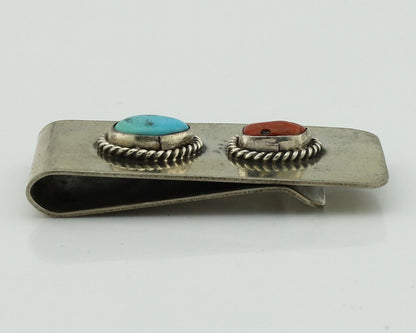 Navajo Money Clip 925 Silver & 999 Nickel Natural Turquoise & Coral Artist C80