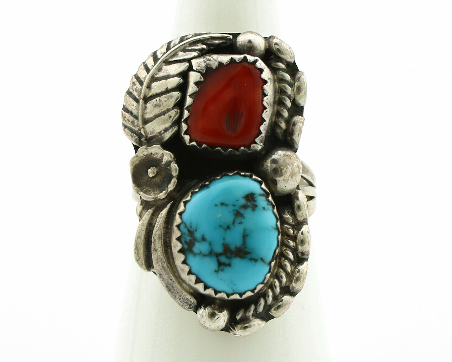 Navajo Ring .925 Silver Turquoise & Coral Artist Signed Thomas Singer C.80's