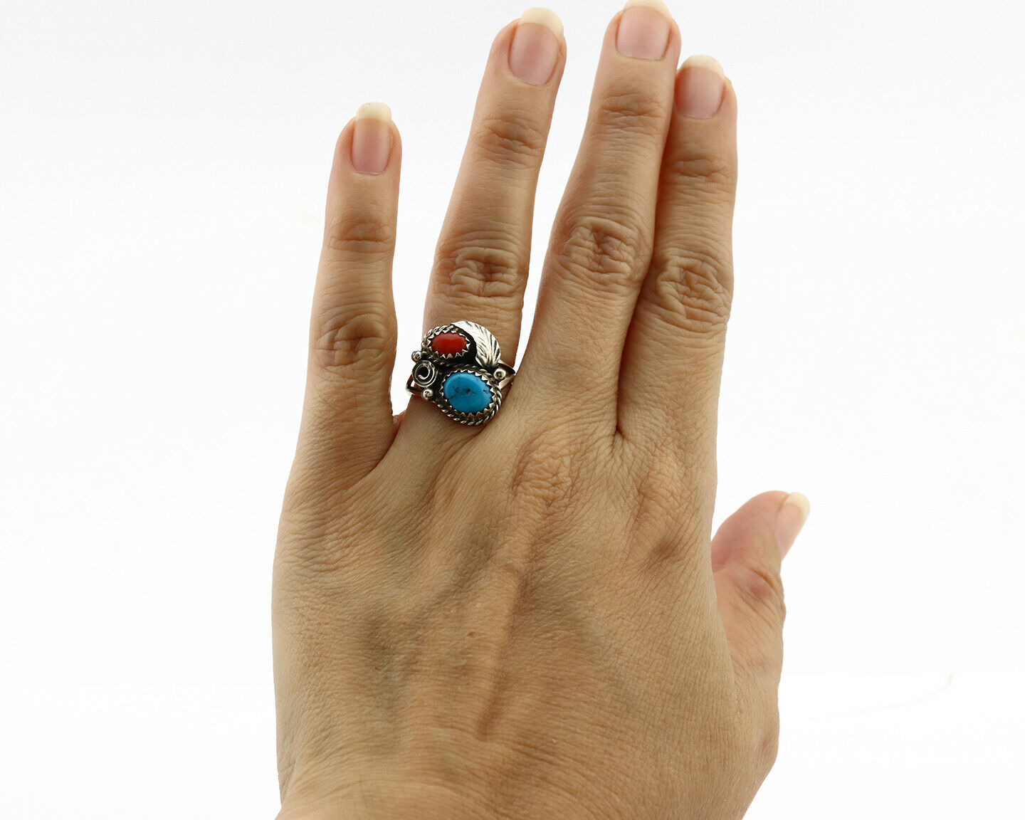 Navajo Ring .925 Silver Turquoise & Coral Artist Signed J Morris C.80's