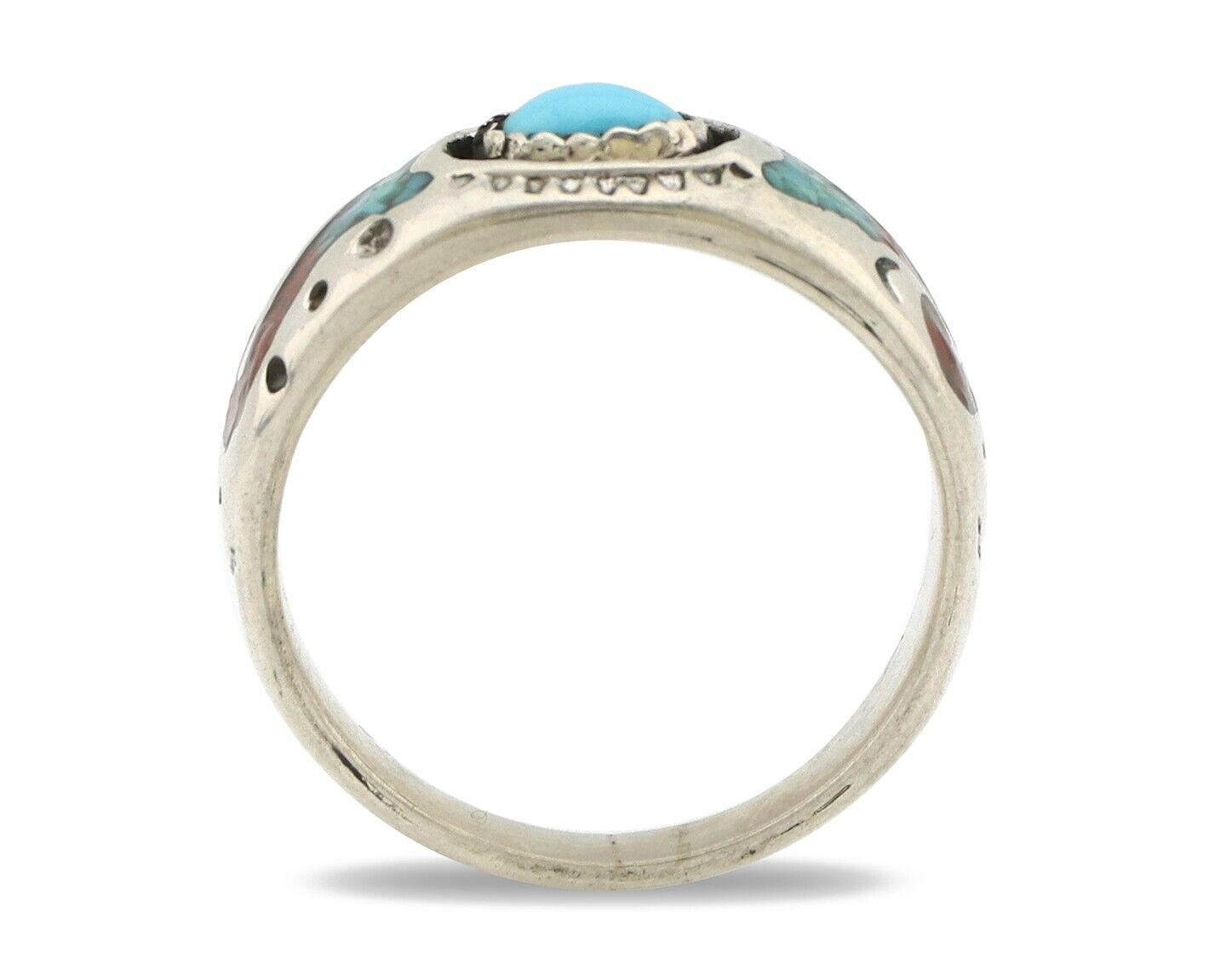 Navajo Handmade Ring 925 Silver Blue Turquoise & Coral Native American C.80's